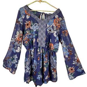 O'Neill Dark Floral Romper Shortall Size Med 1 Piece Blouson Romantic Boho Blue